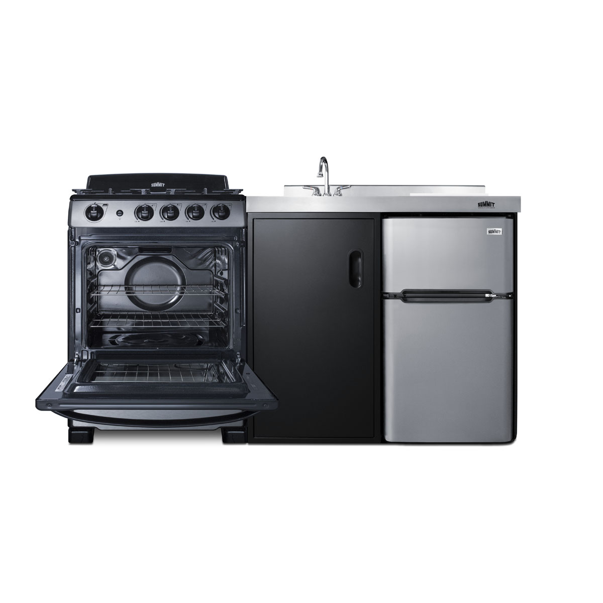 63 inch wide all-in-one kitchenette with full-sized sealed burner gas range with oven, compact refrigerator-freezer, sink, cutting board and cutlery storage, and a storage cabinet in a black finish